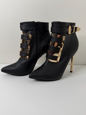 Privileged Gold Metal Plate Stiletto Booties Black Vegan Leather size 10